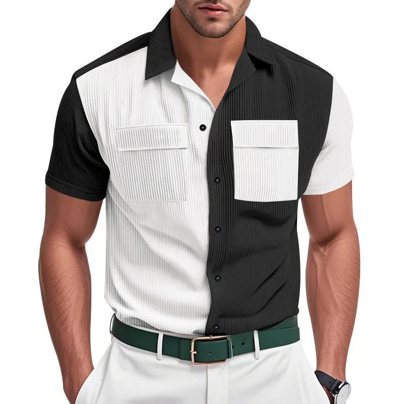 

Men's Corduroy Color Block Patch Pocket Short Sleeve Shirt Loose Casual Button Down Top