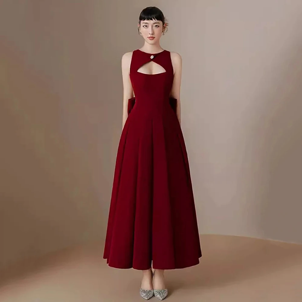 

Customized Simple pure color Fashion Jersey Evening Dresses O-neck With Bow Sexy Backless A-line Ankle Length Formal Pageant Gow