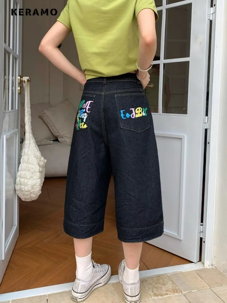 Y2K Style Harajuku Plaid Patchwork jean femme décontracté 2000S mollet longueur pantalon 2025 été Punk rue Baggy Denim pantalon