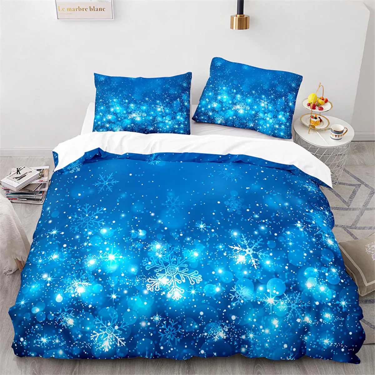 

Snowflake Duvet Cover Winter Theme Geometric Pattern Microfiber Blue Floral Quilt Cover for Girl Children Christmas Decorations