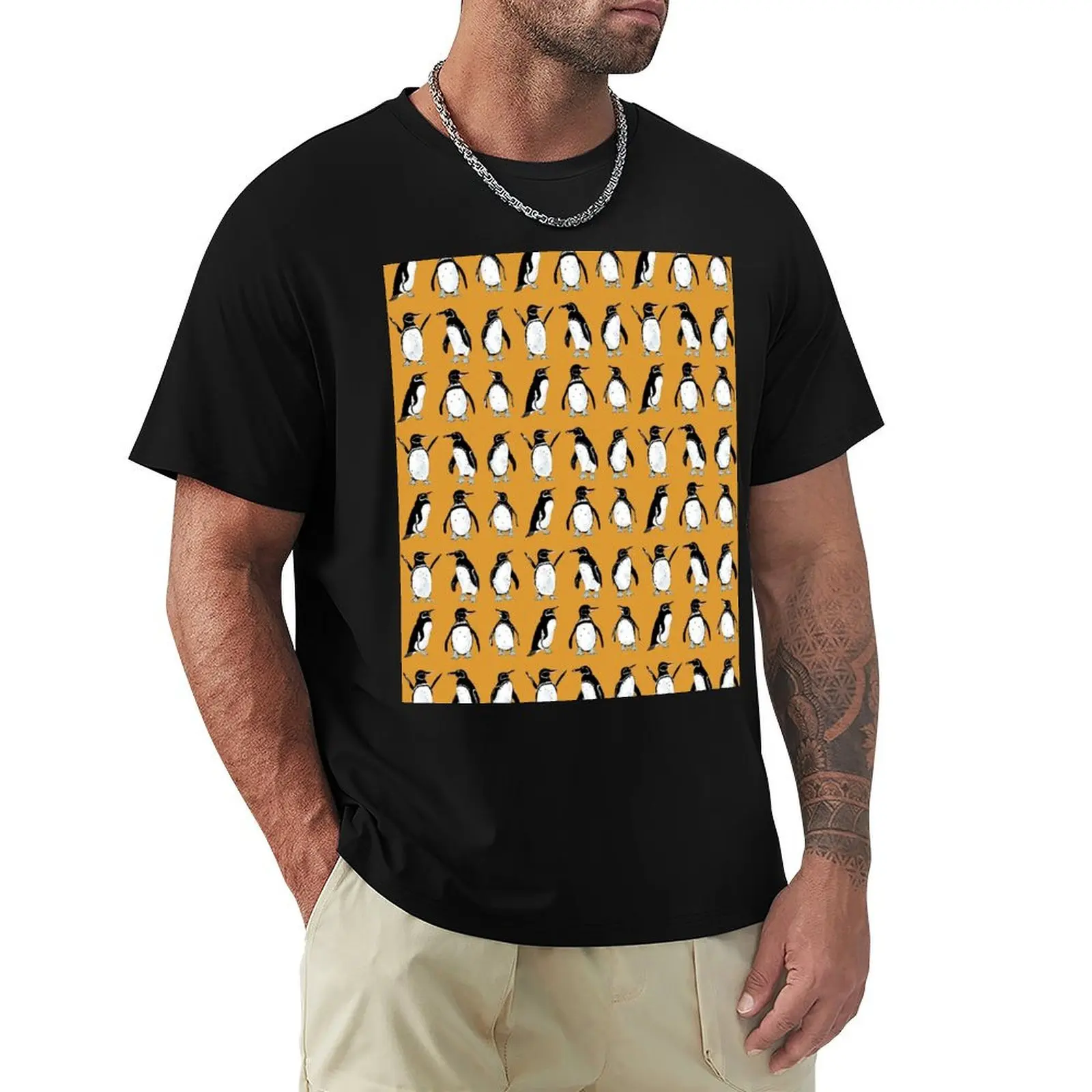 

Galápagos penguin pattern on bright orange - seamless pattern T-Shirt No Iron Casual Short Sleeve Top