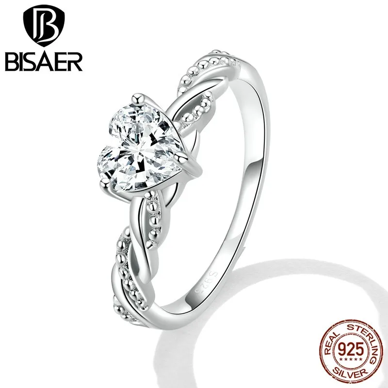 BISAER 925 Sterling Silver Ring Heart Romantic Zircon Plated Platinum For Women Wedding Promise Statement Rings Fine Jewelry