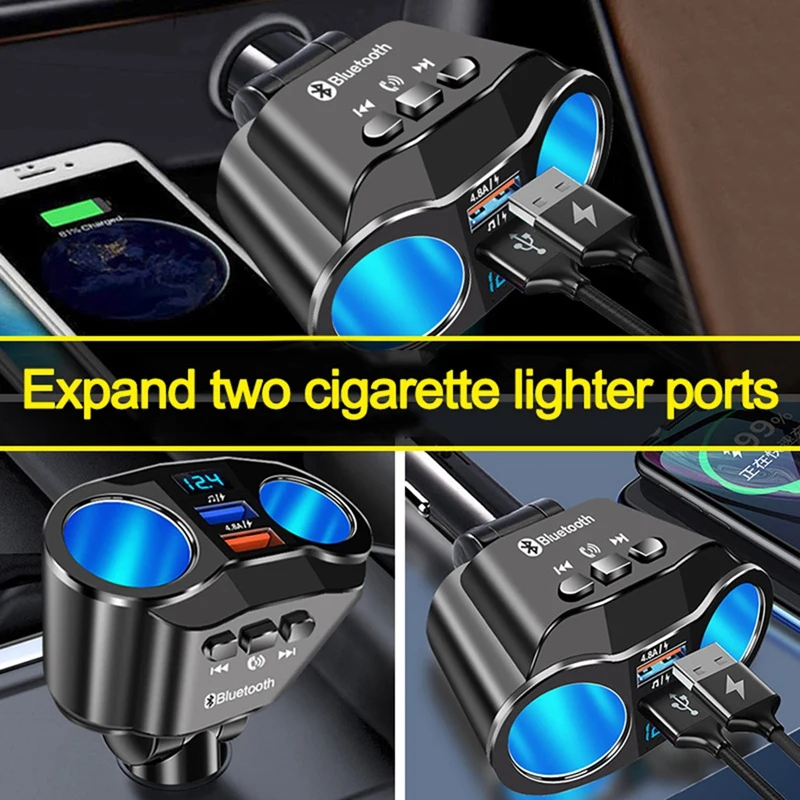 Dual USB Port Car Charger 2 Way Auto Car Lighter Socket Splitter DC12-24V 4.8A Bluetooth 5.0 MP3 Player With Handsfree