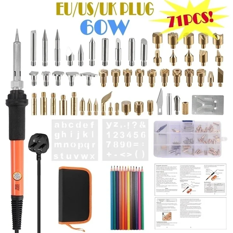 

71 шт. набор паяльников, электрические наборы для выжигания по дереву, регулируемый инструмент, 54 гравировальные паяльники с чехлом для переноски, вилка стандарта США