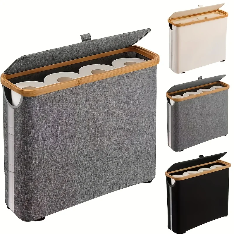 

Gray Fabric-Like Bamboo Toilet Paper Holder with Lid - 9-Roll Metal Frame Bathroom Organizer | 24-hour Shipping