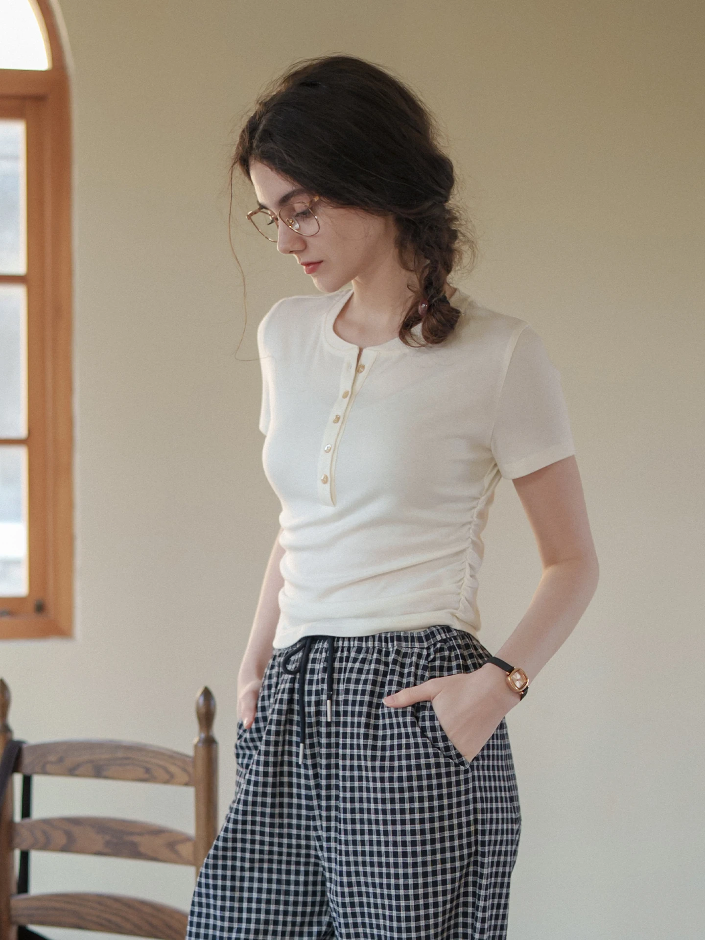 

Винтажная футболка MarchNoon с воротником «Генри», круглым вырезом, коротким рукавом, приталенная, с завышенной талией, из шерсти и лиоцелла, женский топ с эффектом утяжки на талии