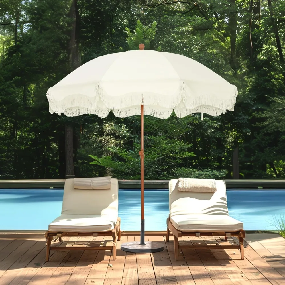

7ft Patio Beach Umbrella with Fringe, Tassel Umbrellas UPF50+ with Sand Anchor & Tilt Button, Holiday Outdoor Umbrella