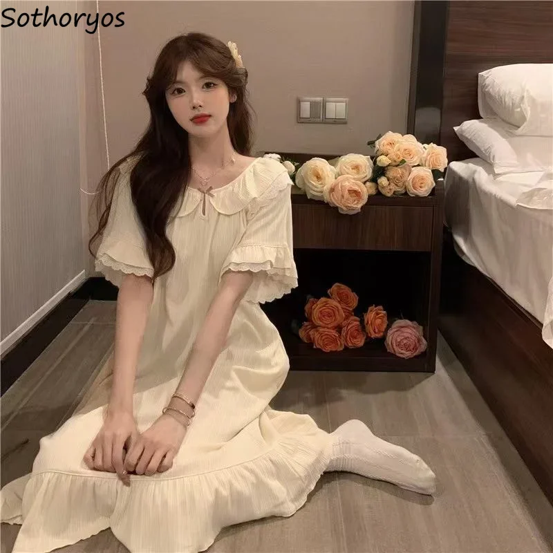 Nightgowns Women Lace Graceful Simple Sweet Ladies All-match Daily Cozy Personality Charming Princess Korean Style Summer New