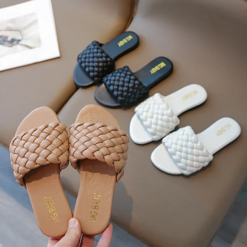 Summer Girl's Slippers Braided Solid Color Casual Chic Kids Sliders Slip-on Holiday Leisure Dialy Non-slip Children Sandals26-36