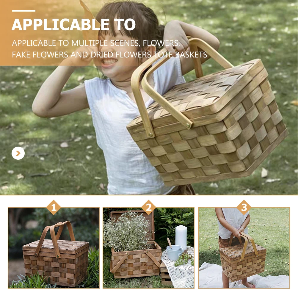 

Wood Chip Woven Basket Grocery Fruits Storage Baskets Portable Wooden Picnic Meal Child