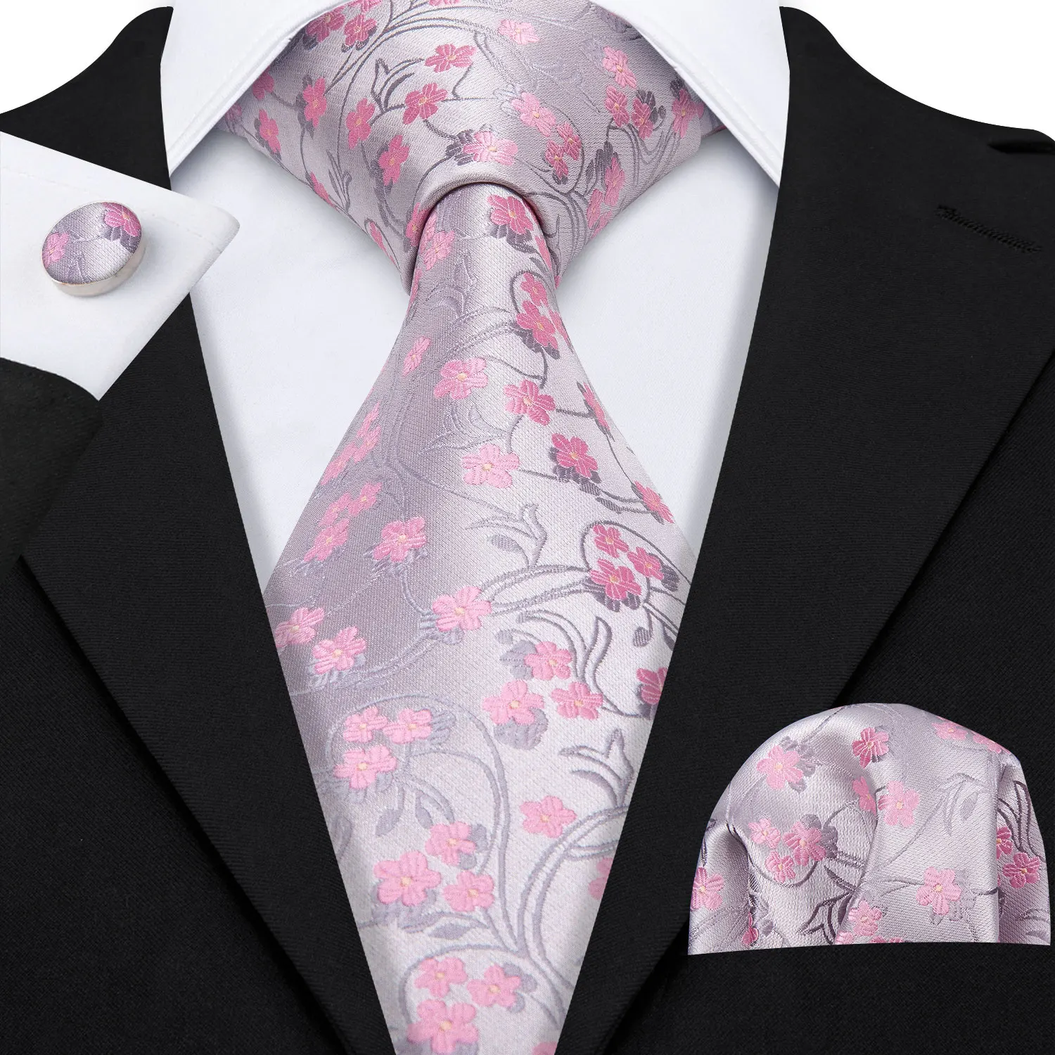 Pink Floral Men Tie Handkerchief Cufflinks Set Jacquard Necktie for Man Male Wedding Business Ties Formal Dad Husband Gift