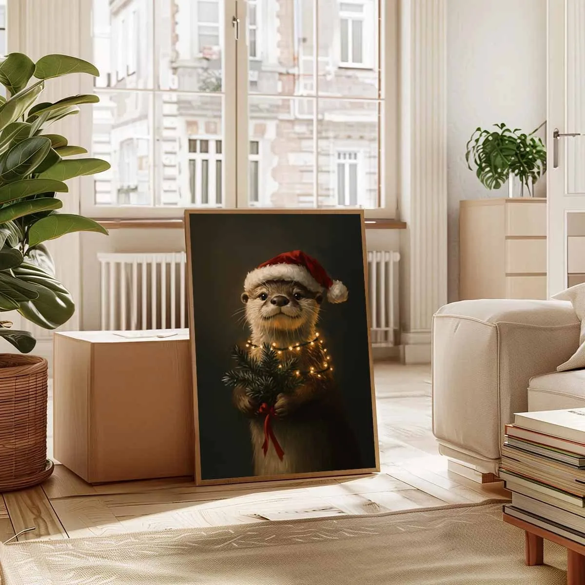 Christmas Otter Adorned with A Santa Hat Poster Unframed Christmas Lights & Pine Branches Prints for Living Room & Bedroom Decor