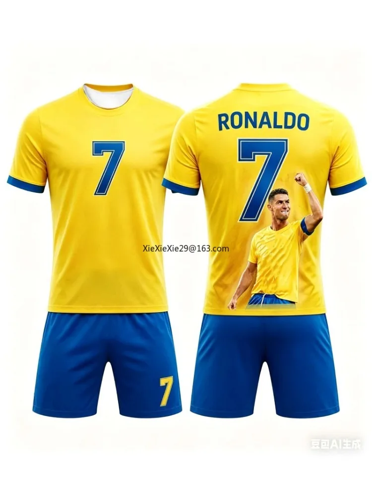 Meistverkaufte Modische Sommer-KI-Geräte #   Ronaldo # 7-teiliges Fußball-T-Shirt-Set mit Kurzen Ärmeln und Shorts für Erwachsene und Kinder, Eltern-Kind-Outfit-Set