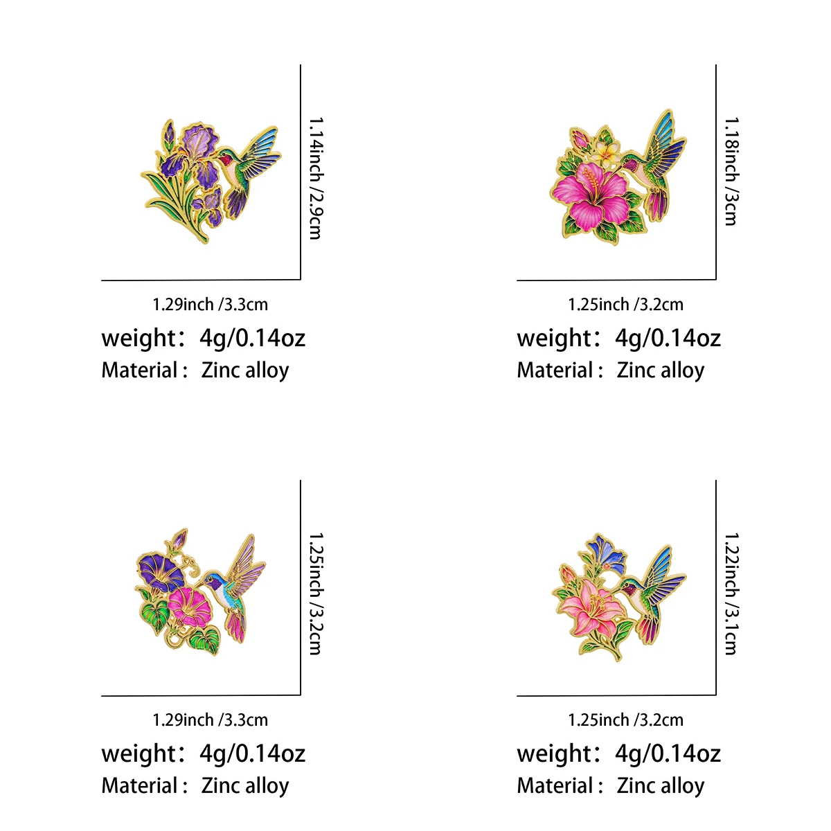 4-teiliges Kolibri-Blumen-Emaille-Pin-Set, niedliche Vogelbrosche für Mantel, Damenbroschen, Kragen- und Reversnadeln, Metallabzeichen, Schmuckgeschenk – Detail 3