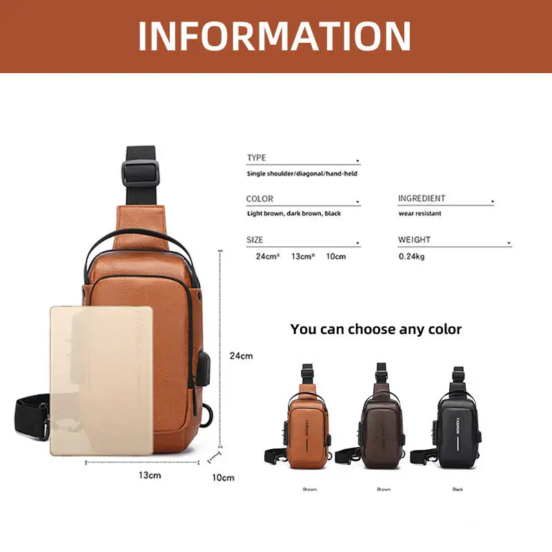 Geestock New Men's Anti theft Lock Chest Bag with USB Charging Adjustable Shoulder Strap Multi functional Sling Bag for School