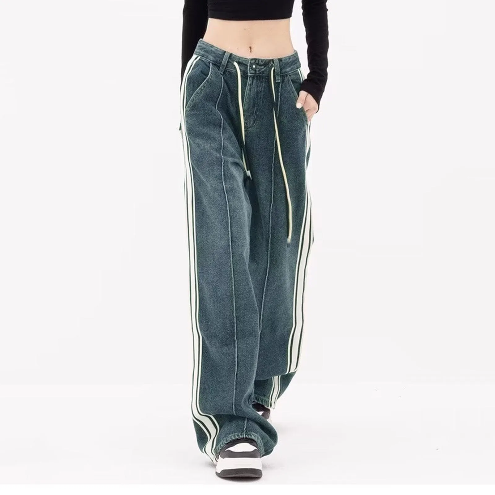 Harajuku Y2k Trendy Denim Pants Women Striped Drawstring High Waist Jeans Korean Style Vintage Loose Wide Leg Trousers