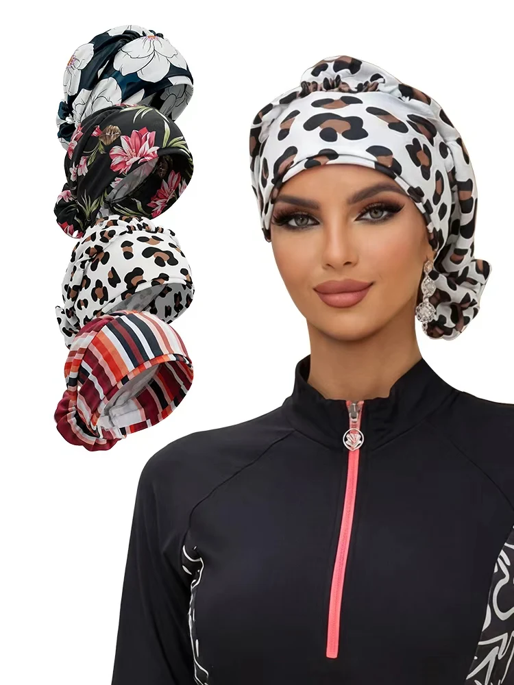1 piece of women's leopard print digital printed knitted headscarf, soft and elastic Muslim headscarf