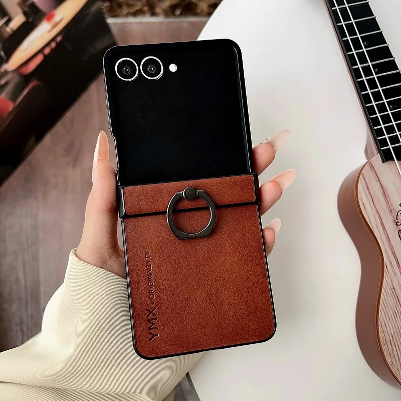 Für Samsung Galaxy Z Flip 8 7 7E 6 5 4 Luxus-Leder-Handyhülle mit Ringhalter, Scharnier, 3-in-1-Schutz, stoßfester Standhalter.