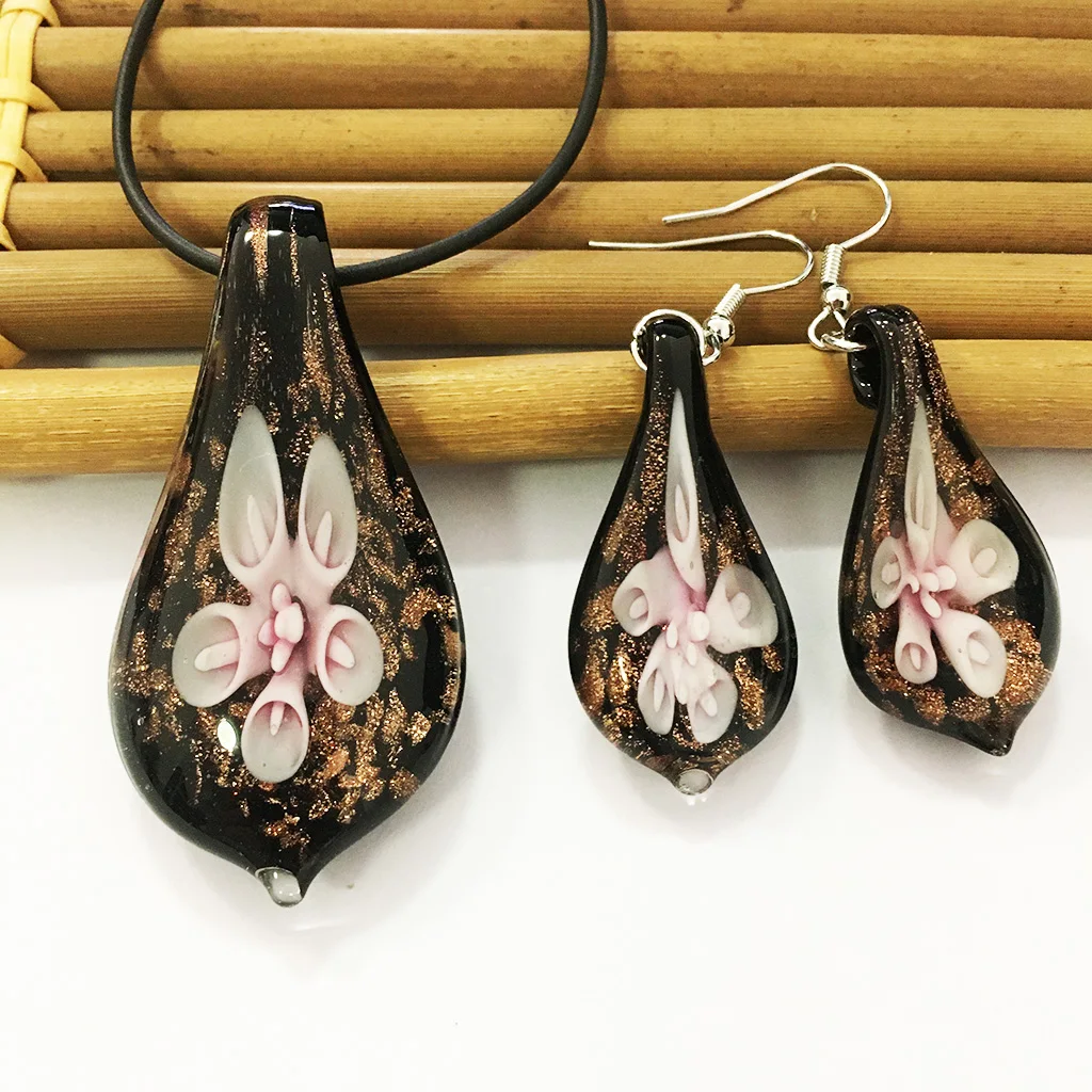 1 Set Handmade Pink Flower Waterdrop Pendant Necklace Earring Set Muran Glass Ethnic Style Clavicle Chain Jewelry