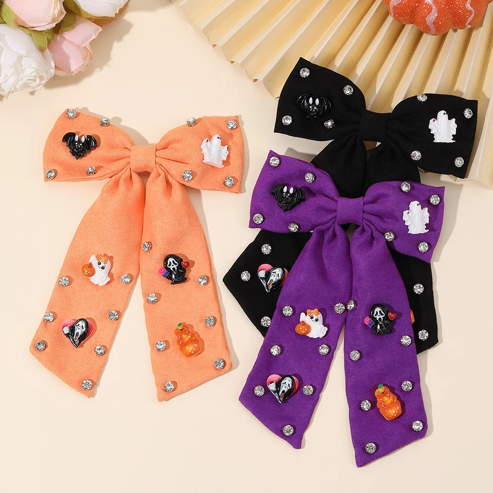 Halloween Bow Hair Clips Cartoon Ghost Bat Hairpins Pumpkin Rhinestone Barrette Girls Children Gothic Headdress Hair Accessories view 2