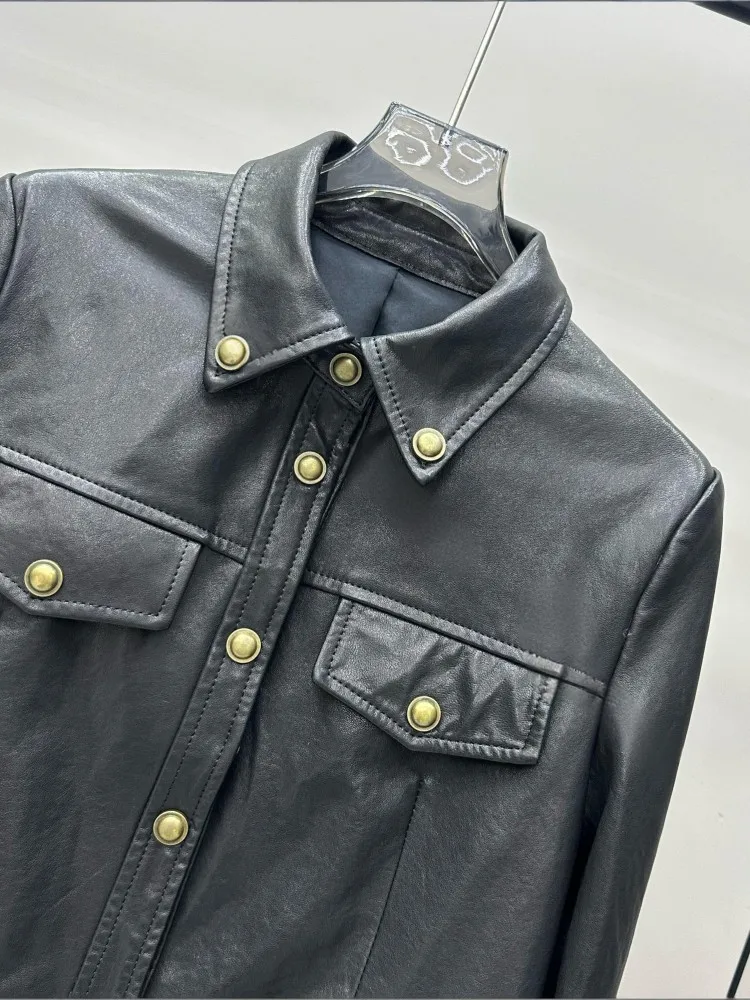 Damska kurtka motocyklowa z prawdziwej skóry, jesień, jednorzędowa, punkowa, z wykładanym kołnierzem, krótki płaszcz, odzież uliczna, casualowa odzież wierzchnia, damska.