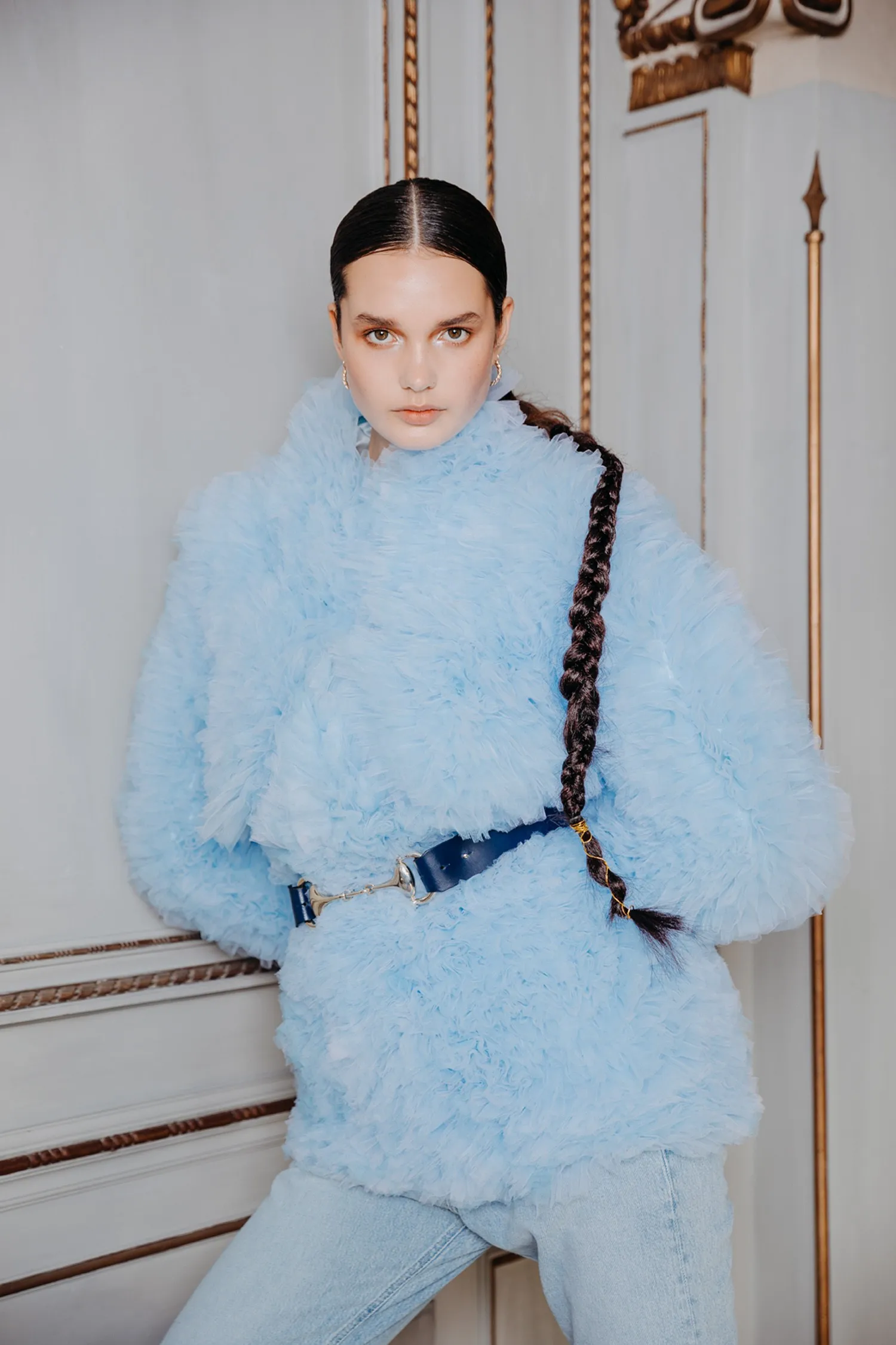 

2025 Tulle Women Jacket Full Sleeves Tulle Female Outwear Outfit Bloom Cape Fashion Sky Blue Ruffles Trimmed