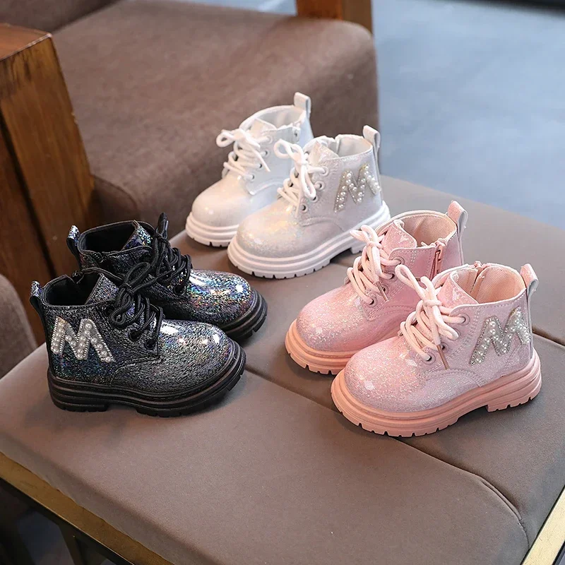 Kids Fashion Rubber Boots Cool Autumn/Winter Cotton soft sole Glitter leather M Pearl Style Zipper Girls\' shoe