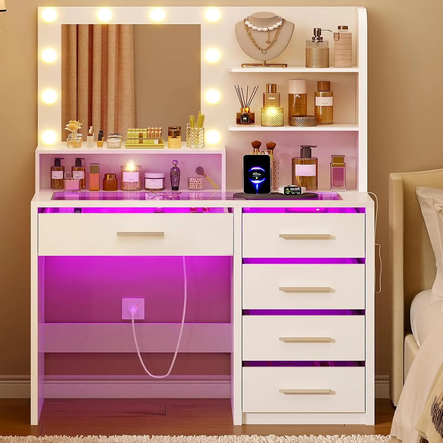 LED Vanity Desk with Mirror & Lights, Glass Top, 3 Color Lighting & Outlet, 5 RGB Drawers, Bedroom Table, Customized