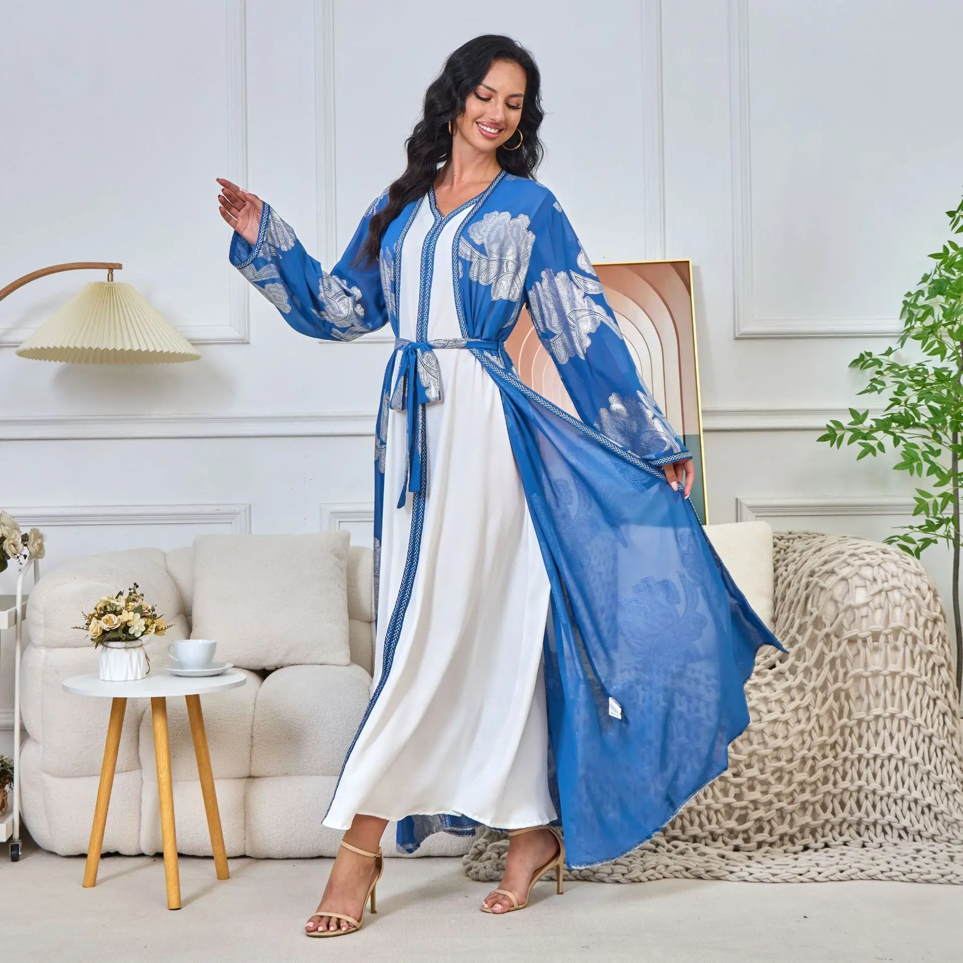 Roupas árabes abaya com decote em v manga comprida vestido bronzeador de duas peças 2025 outono e inverno nova moda roupas femininas