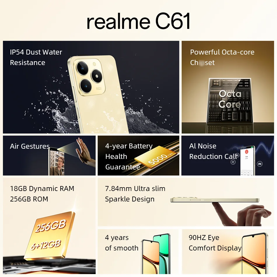 Global Version realme C61 NFC 6.74 Inch 90Hz Display Octa Core Smartphone 50MP AI Camera 15W SUPERVOOC Charge 5000mAh Battery