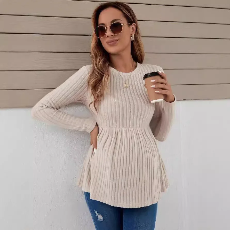 Autumn American Casual Knitted Shirts for Maternity Long Sleeve A Line Loose Clothes for Pregnant Women Pregnancy Tops