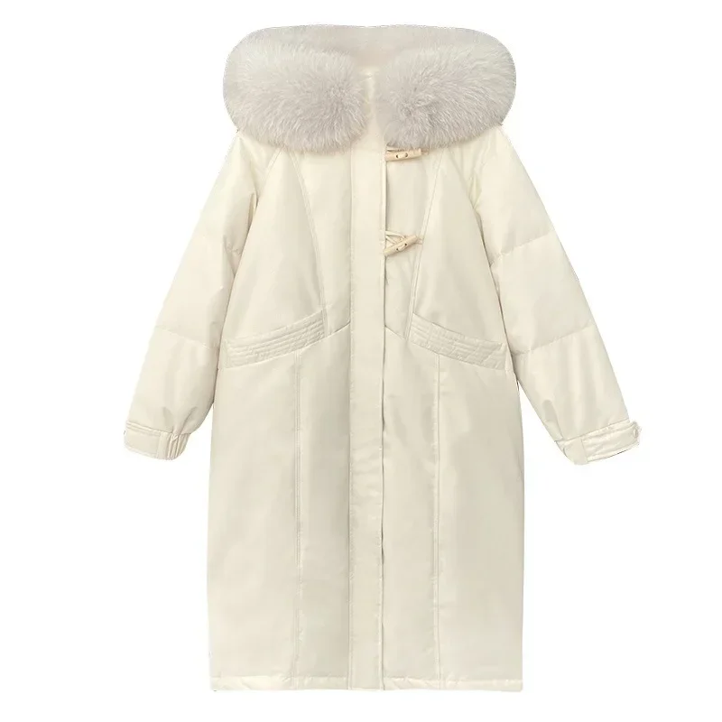 2024 New Korean Style High-End Fashionable Waist-Cinching Down Jacket for Women Long Knee-Length Thickened Winter Coat