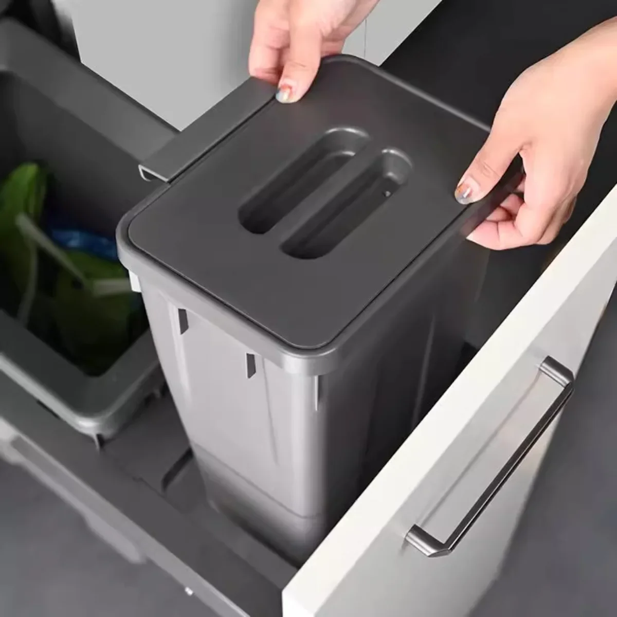 Kitchen cabinet embedded trash can built-in hidden with lid pull-out double bucket classification household door embedded type