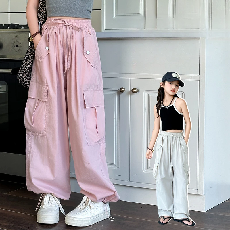 Pantalones de verano para niñas, peto de estilo coreano, pantalones grandes para niños, pantalones finos con estilo, pantalones casuales simples, 2024