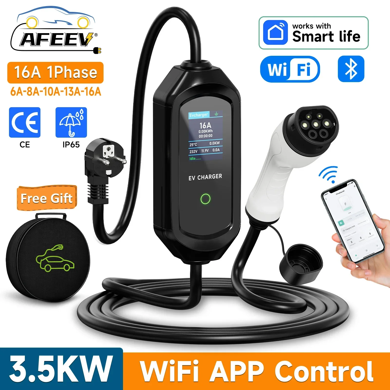 AFEEV ポータブル EV 充電器 Type2 IEC62196-2 EVSE 急速充電ケーブル Type1 SAE J1772 ウォールボックス WiFi アプリ Bluetooth ワイヤレス制御