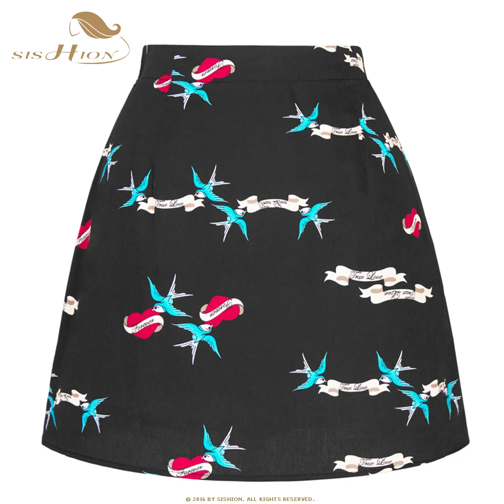 SISHION Y2K Gothic Summer 50s 60s Birds and Hearts Printed Cotton Vintage Mini Skirt SS0008 High Waist Black Skirts for Women