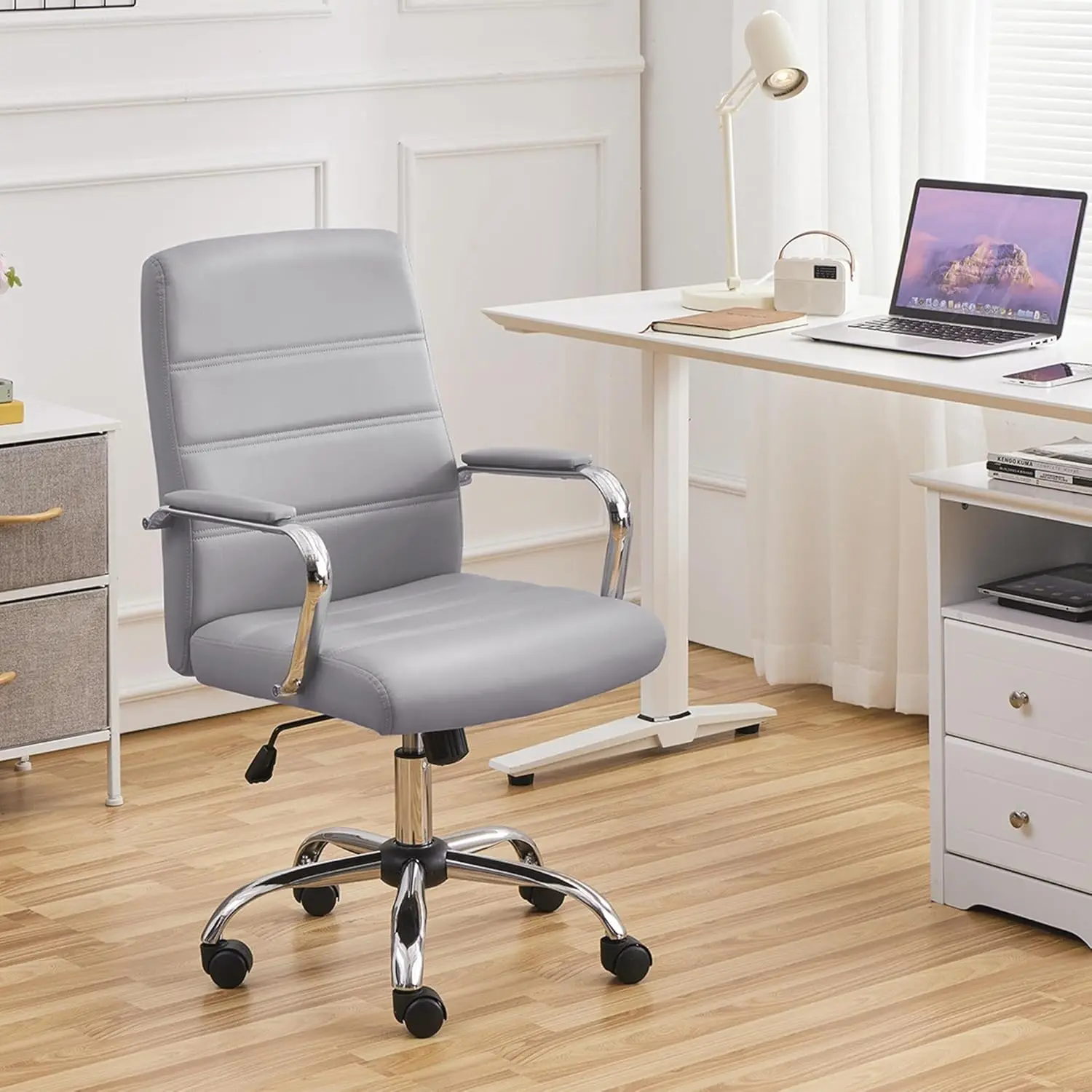 Yaheetech Mid-Back Office Chair with Arms Swivel PU Leather Height Adjustable Office Executive Chair, Light Gray