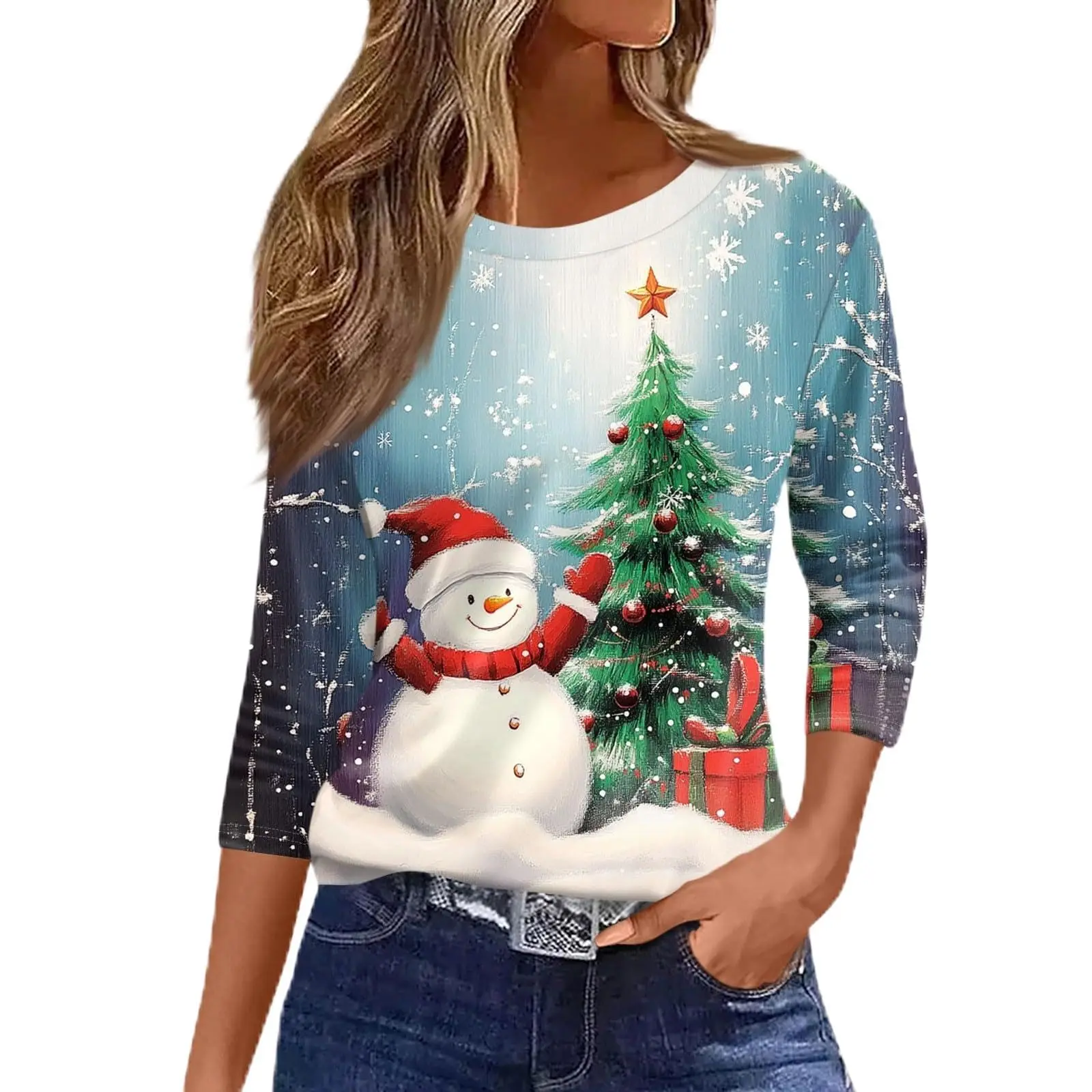 

Женская футболка с 3D принтом снеговика на рождественскую тему с круглым вырезом и длинными рукавами, повседневный удобный пуловер из полиэстера для рождественской вечеринки