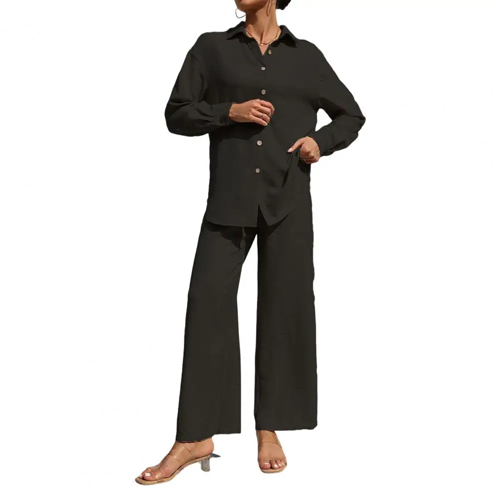 

Осенний комплект из двух предметов, Элегантный женский комплект из рубашки и брюк с лацканами, блузка на пуговицах и брюки с эластичным поясом, стильные офисные брюки для осени
