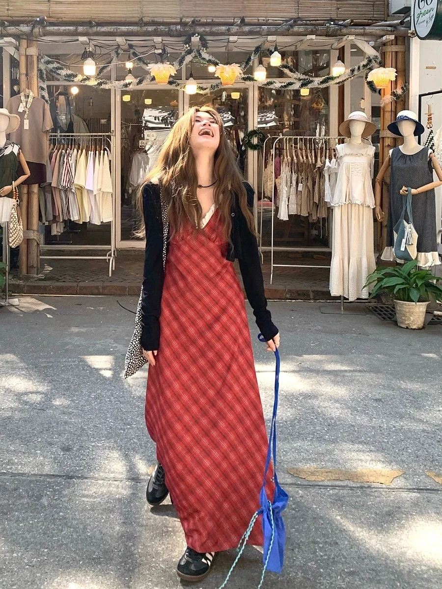 

plus Size Red Plaid Strap Dress Women's Summer New Waist Cinched Thin Cardigan Top City Commute French Style Slim Fit Long Dress