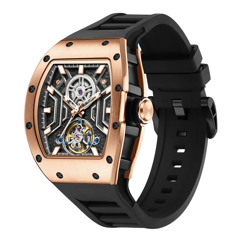 For U Tonneau Dial Design Watch Tourbillon Automatic Reloj Hombre Mechanical Wristwatch TR Plastic Titanium Material Technology