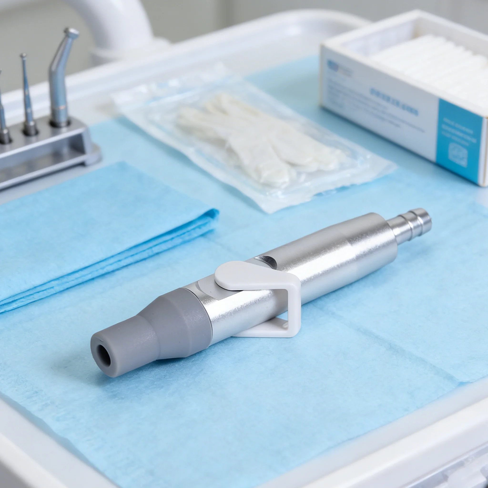 

Стоматологическая ручка для слабого отсоса с клапаном-адаптером и серым силиконовым чехлом