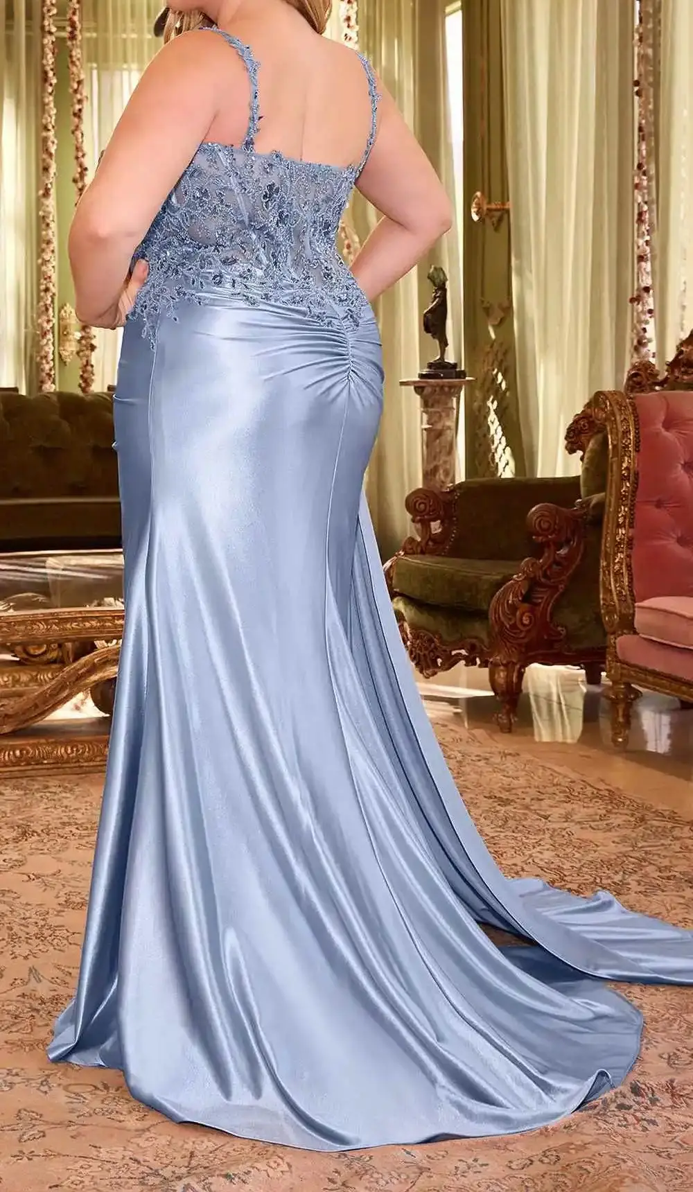 Fitted Stretch Satin Long Prom Dress With Lace Appliques Sequin Mermaid Formal Evening Dresses Sweep Train Cocktail Party Gowns