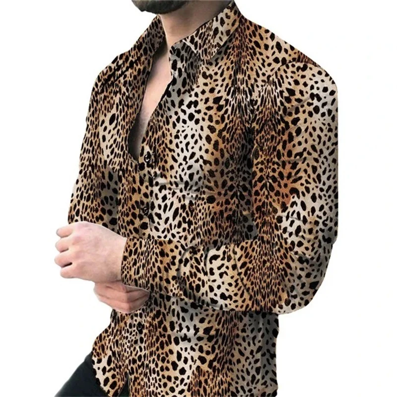 The new summer men\'s casual 3D printed leopard print long-sleeved slim-fit lapel shirt plus size XS-6XL