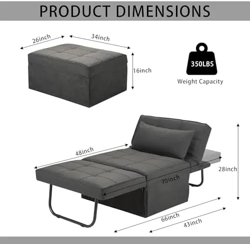 Sofá cama otomano plegable 4 en 1, respaldo ajustable, gris oscuro