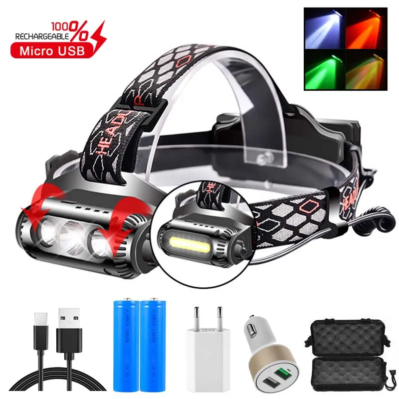 Portable USB Rechargeable LED Headlight Rotatable Lamp Holder 8 Light Modes 3 Light Sources Super Bright Waterproof Light Torch