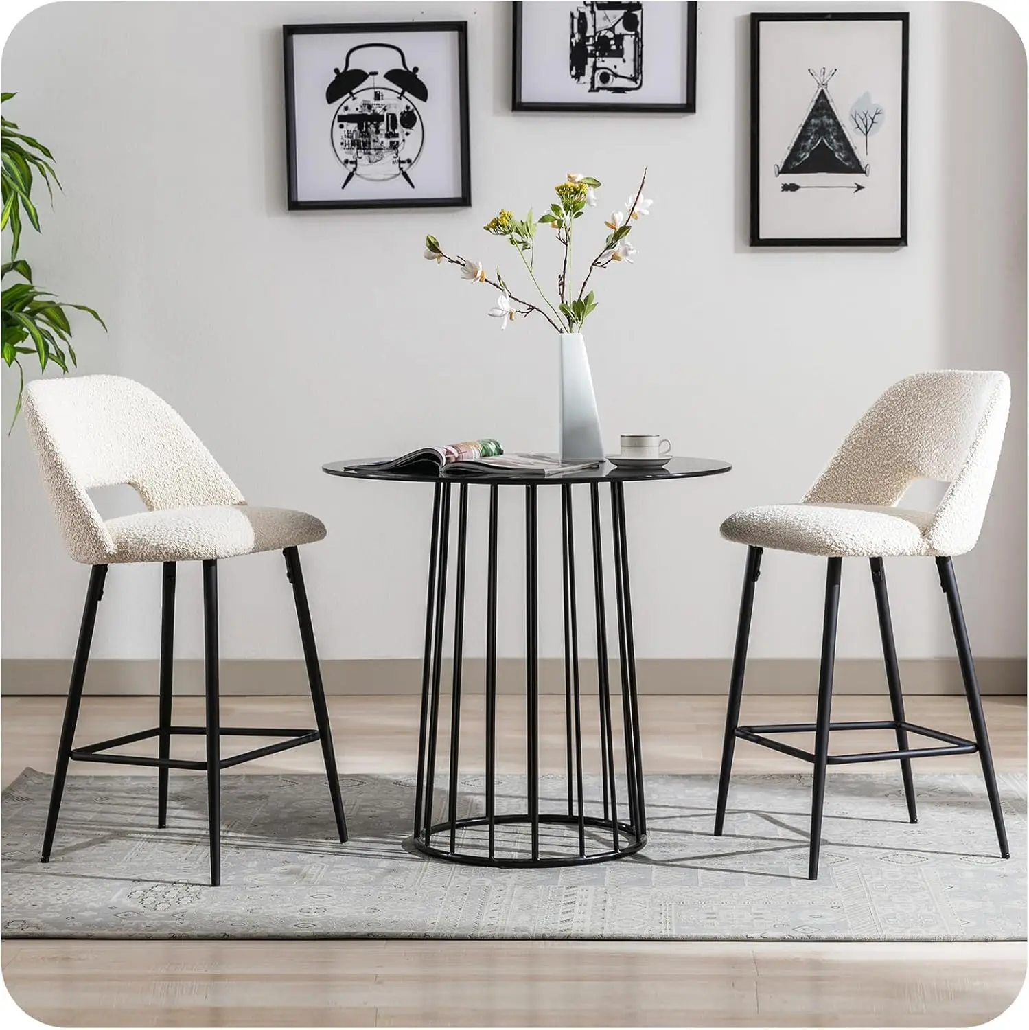 27’’ Boucle Bar Stools Set of 2, Upholstered Counter Height Stools with Open Back, Modern Barstools for Kitchen Island