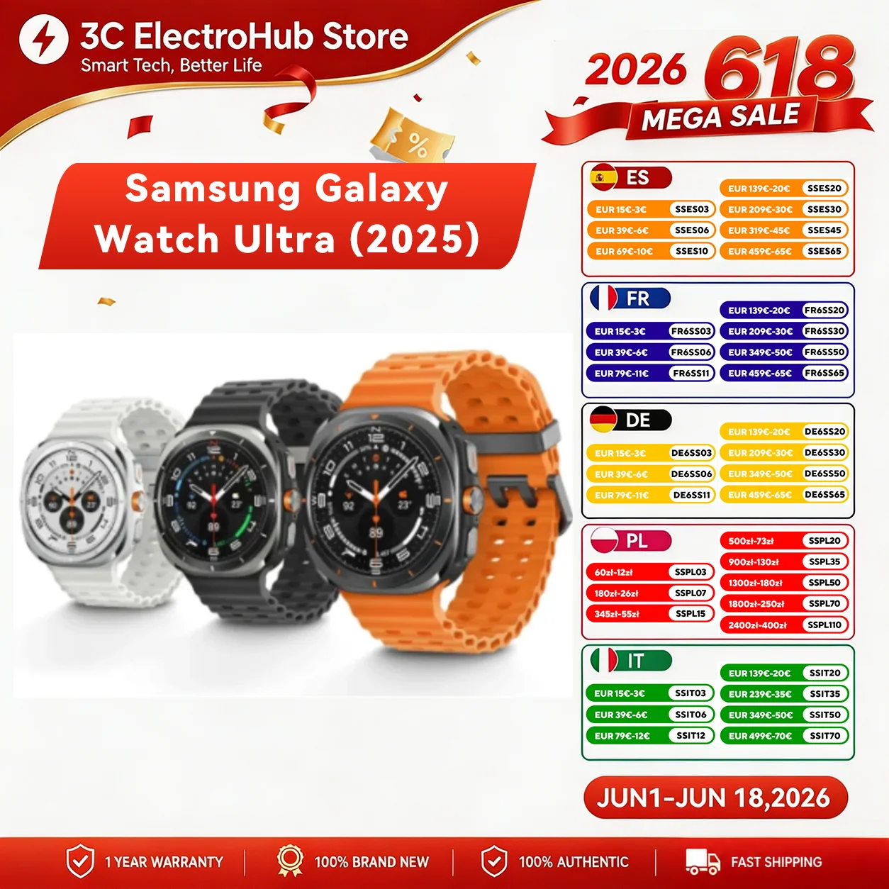 Samsung Galaxy Watch Ultra 2025, Super AMOLED, 2 Go + 64 Go, 1,5 pouces, Exynos W1000 (3 nm), 590 mAh, version LTE, montre conne
