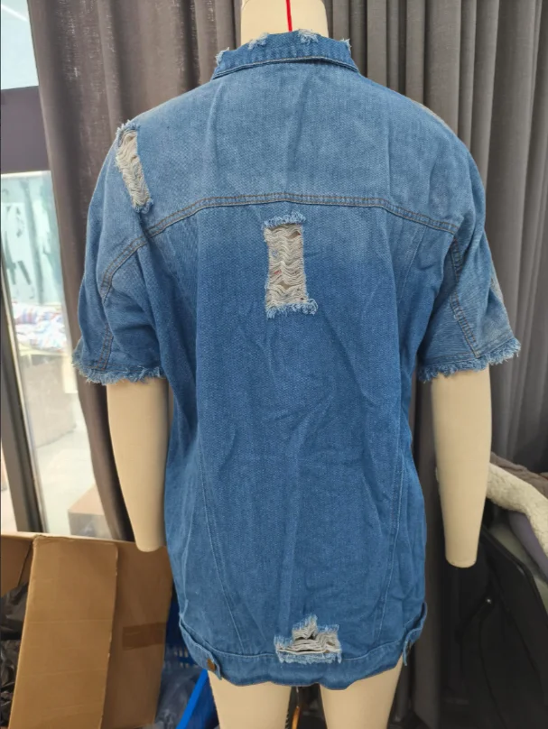 2025 Summer New Internet Celebrity Same Style Personalized Distressed Hole Long Retro Short Sleeved Jacket Denim Jacket