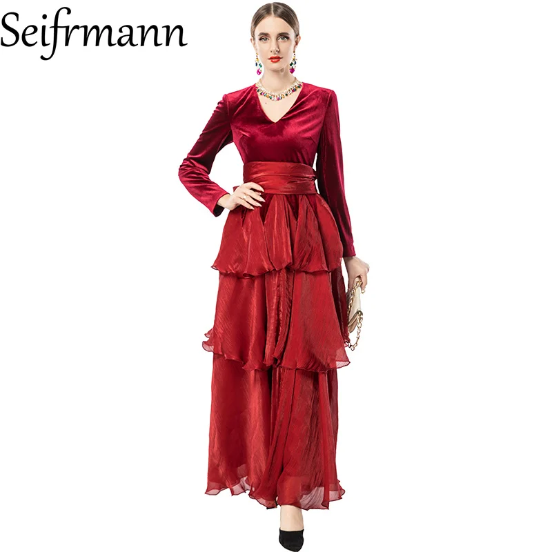 Seifrmann 2026 primavera nova luz feminina luxo elegante com decote em v manga longa cintura com borda de folha de lótus vestido de cor sólida
